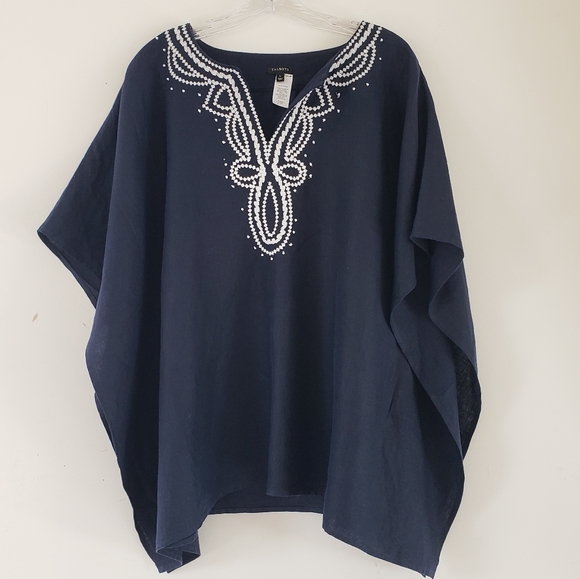 Talbots Navy + White Embroidered Poncho Linen, Size L - Picture 2 of 13